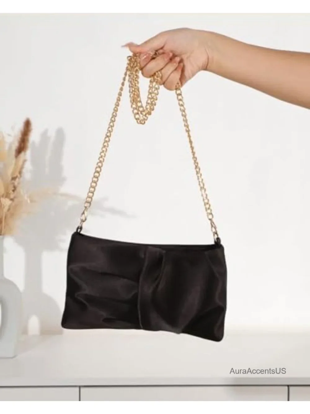 Satin Ruched Evening Clutch with Detachable Chain